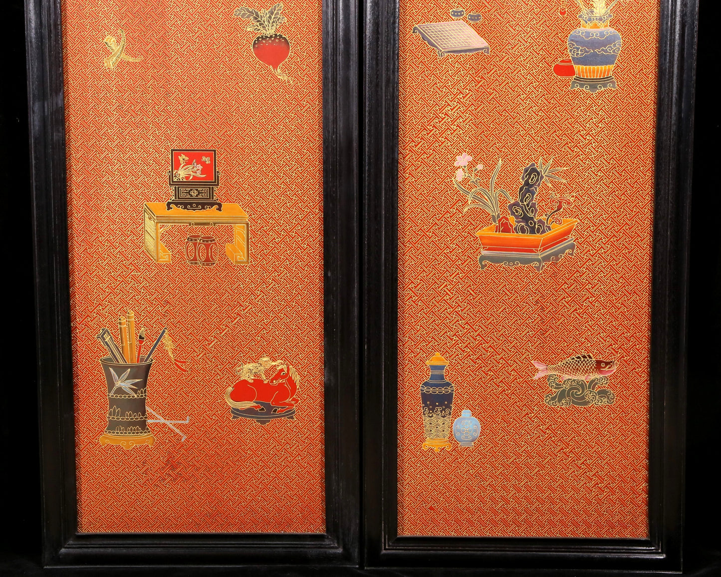 A set of exquisite zitanwood gold-filled lacquered treasure pictures with four hanging screens