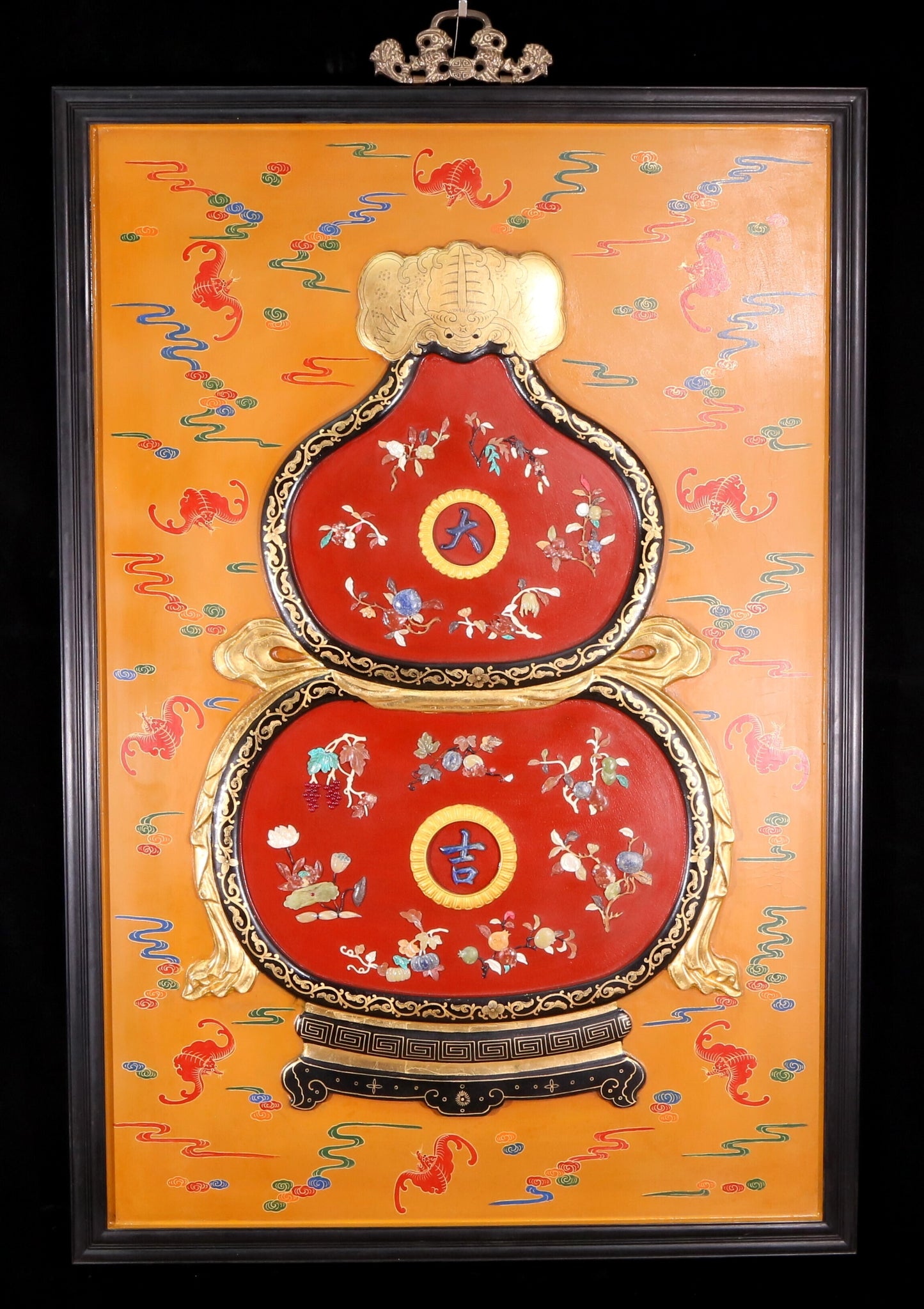 An exquisite zitanwood painted  gourd hanging screen with inlaid gems