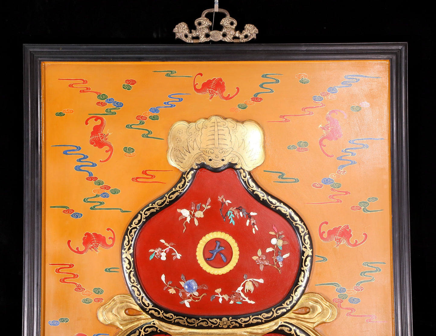 An exquisite zitanwood painted  gourd hanging screen with inlaid gems