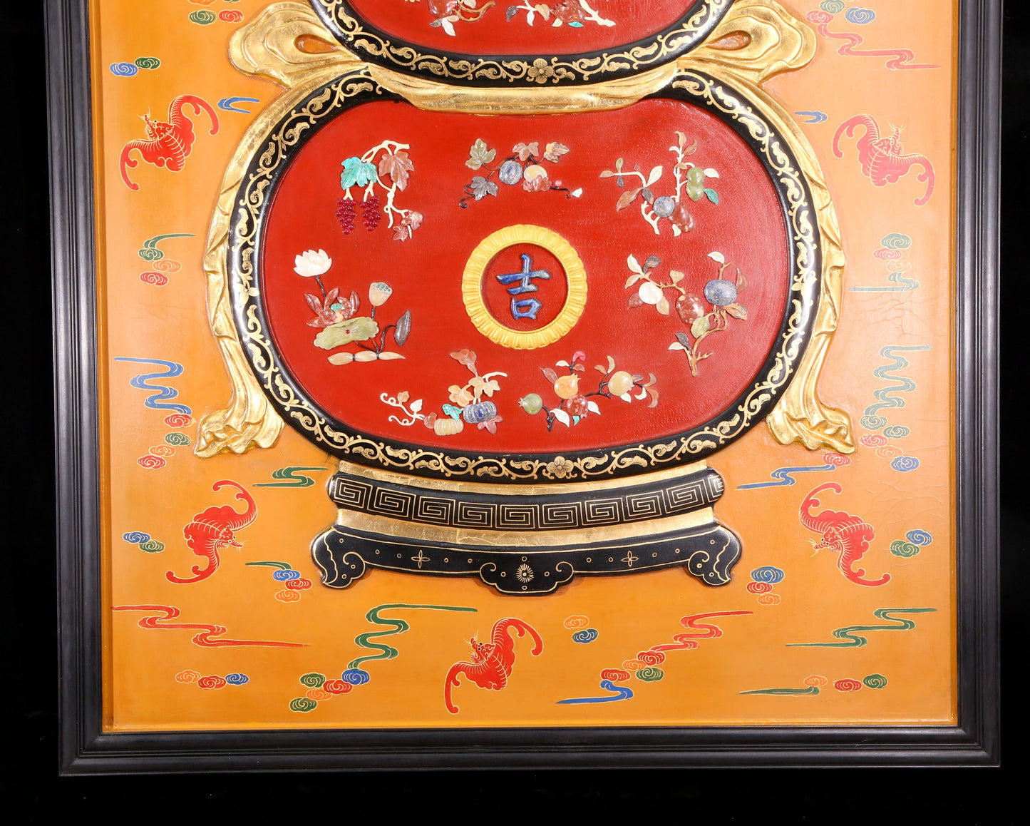 An exquisite zitanwood painted  gourd hanging screen with inlaid gems