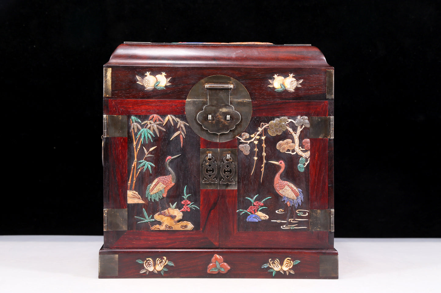 A perfect pair of huanghuali wood cabinets with inlaid gems and flower and bird patterns