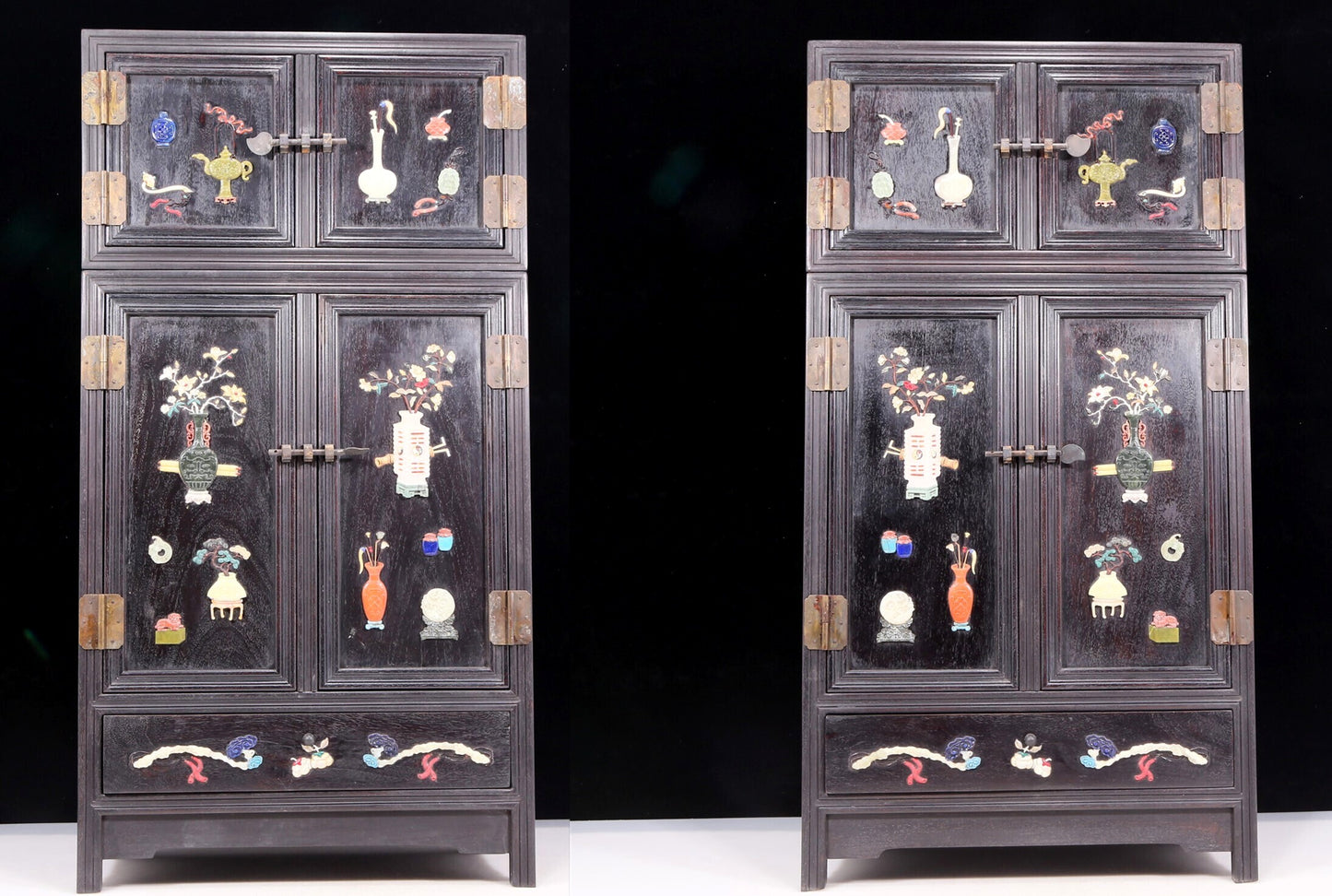 A perfect pair of zitanwood inlaid gem treasure map cabinets