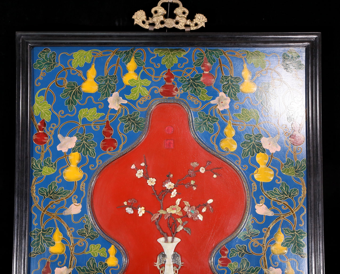 An exquisite zitanwood painted  gourd hanging screen with inlaid gems