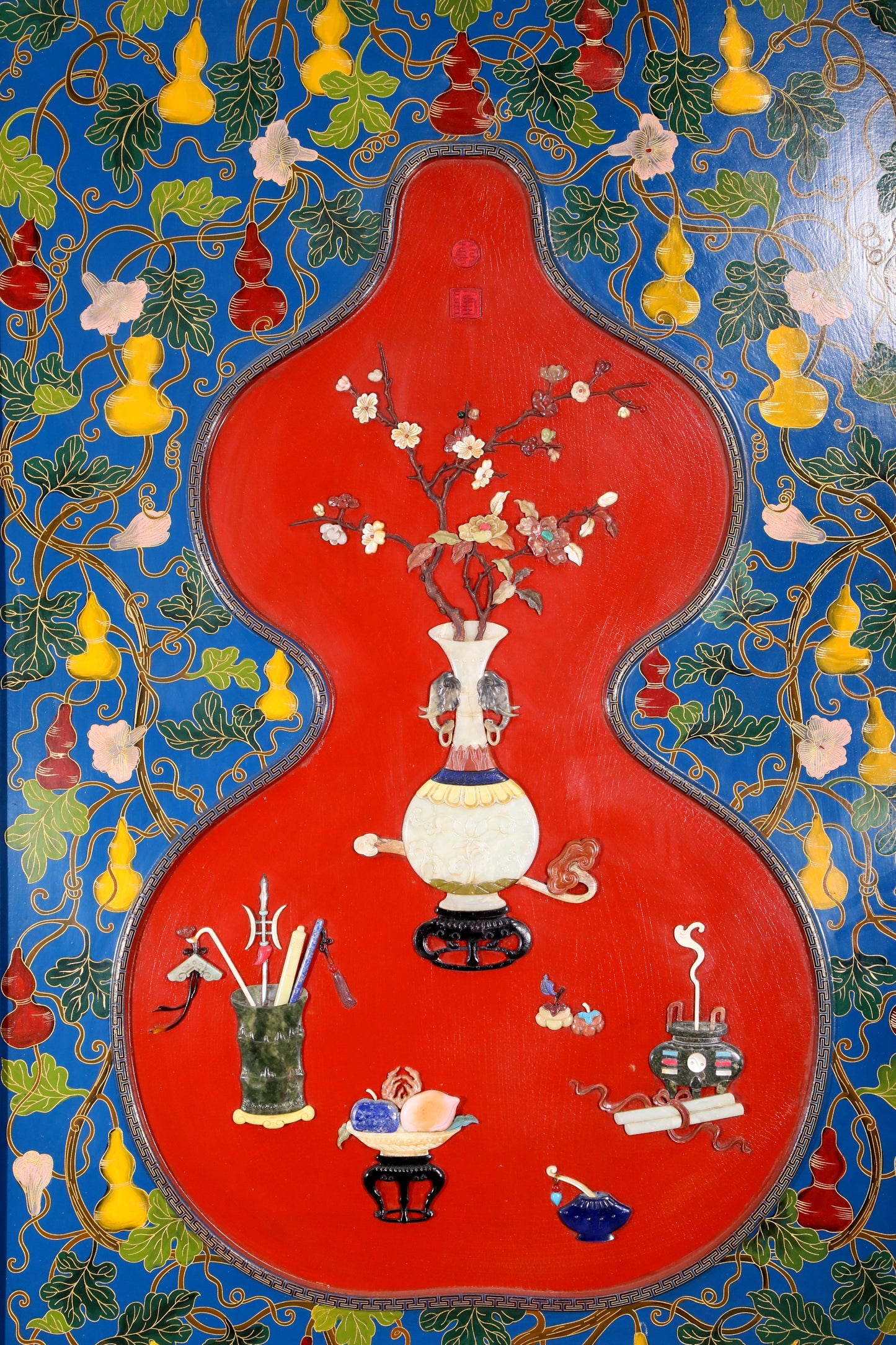 An exquisite zitanwood painted  gourd hanging screen with inlaid gems