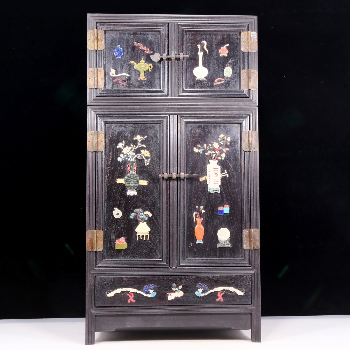 A perfect pair of zitanwood inlaid gem treasure map cabinets