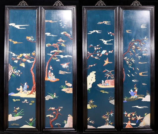 A set of exquisite zitanwood painted and inlaid with gemstones and four hanging screens with landscapes and figures.