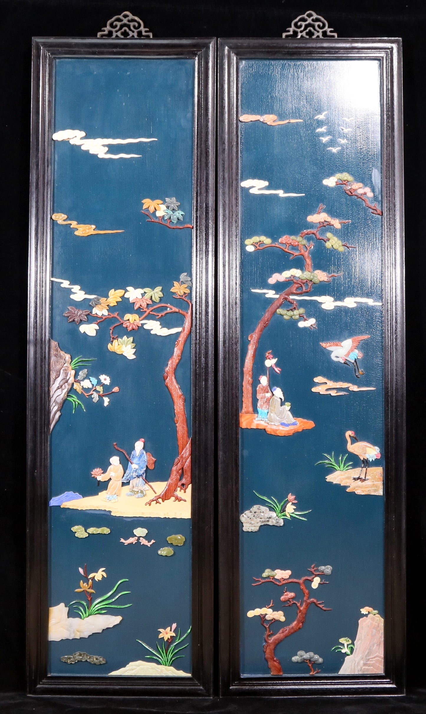 A set of exquisite zitanwood painted and inlaid with gemstones and four hanging screens with landscapes and figures.