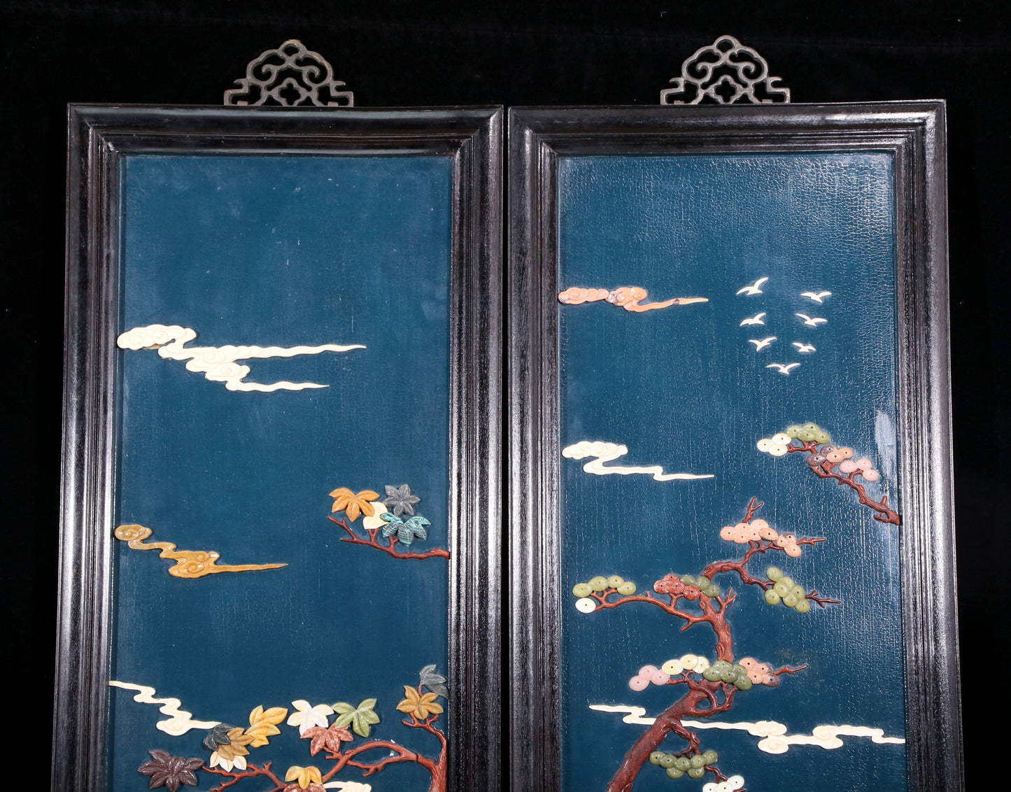 A set of exquisite zitanwood painted and inlaid with gemstones and four hanging screens with landscapes and figures.