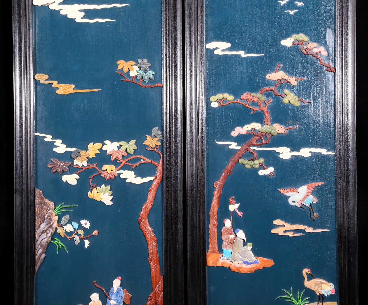 A set of exquisite zitanwood painted and inlaid with gemstones and four hanging screens with landscapes and figures.