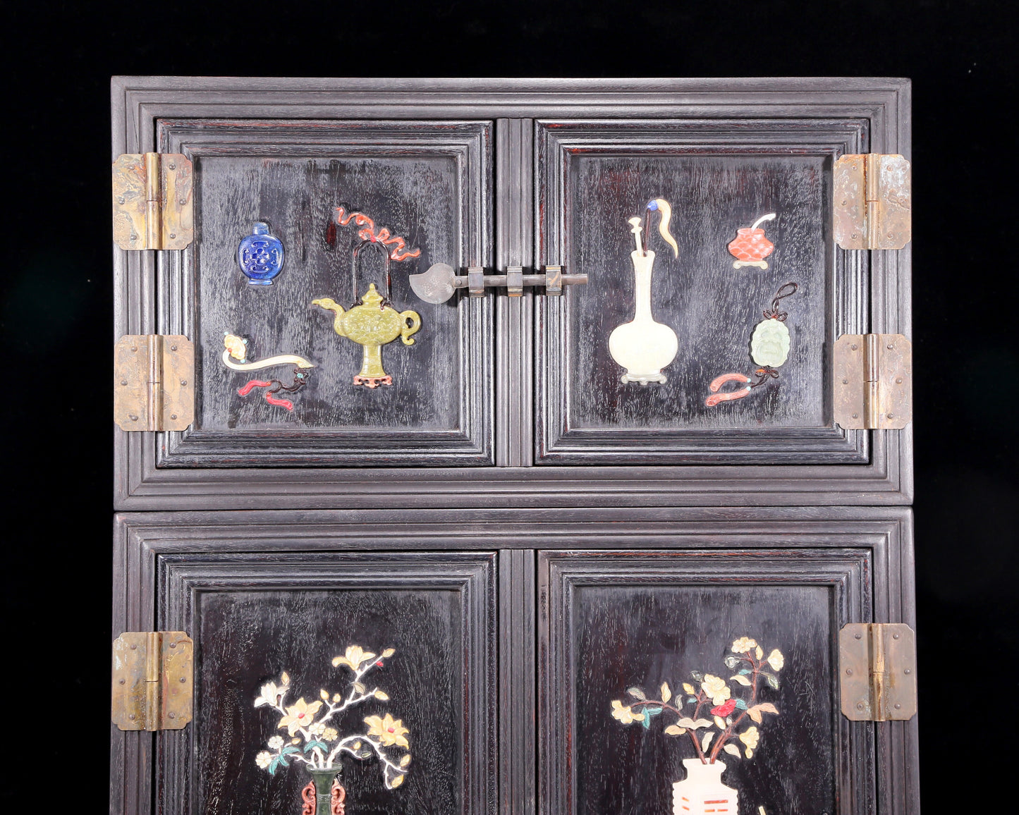 A perfect pair of zitanwood inlaid gem treasure map cabinets