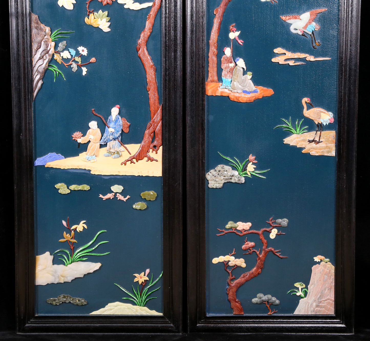 A set of exquisite zitanwood painted and inlaid with gemstones and four hanging screens with landscapes and figures.