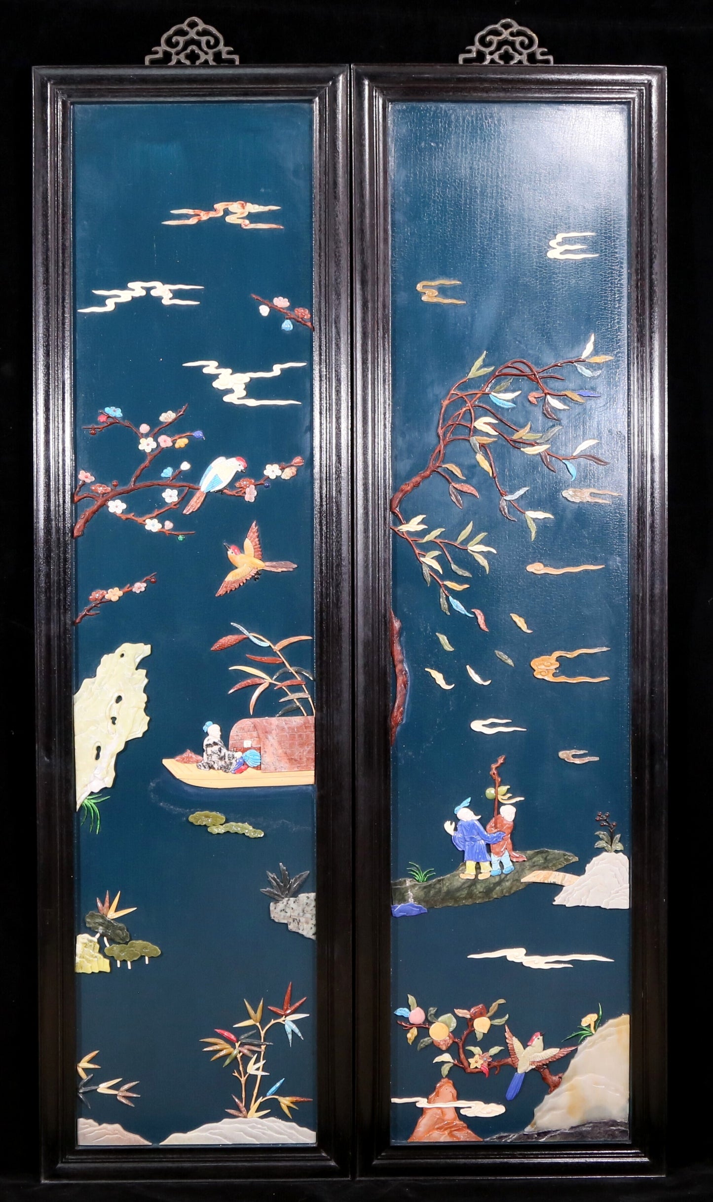 A set of exquisite zitanwood painted and inlaid with gemstones and four hanging screens with landscapes and figures.