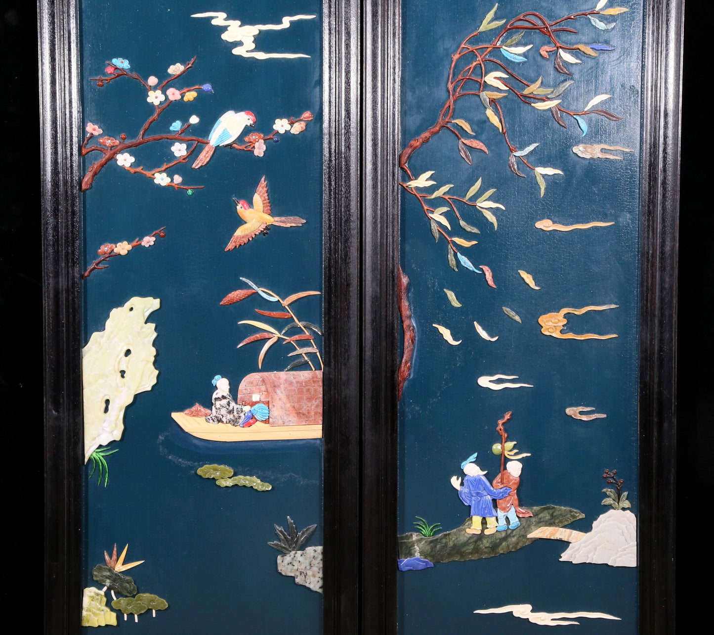 A set of exquisite zitanwood painted and inlaid with gemstones and four hanging screens with landscapes and figures.