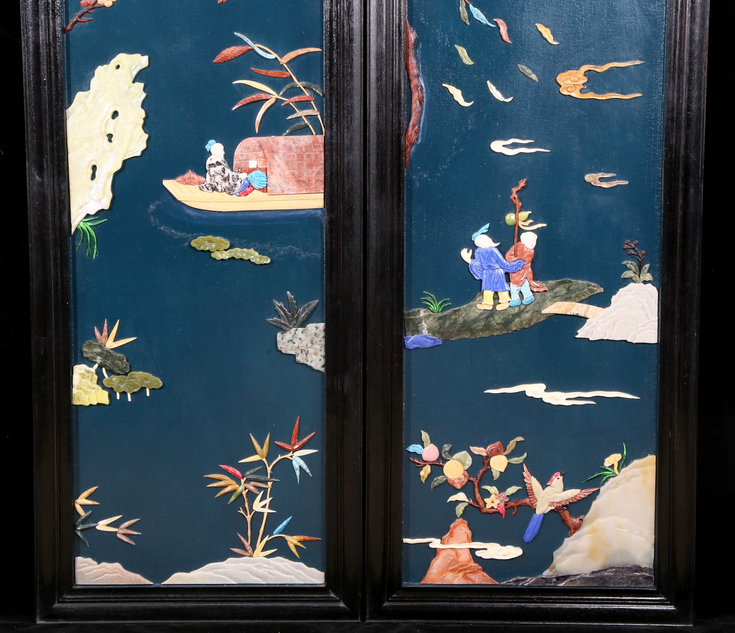 A set of exquisite zitanwood painted and inlaid with gemstones and four hanging screens with landscapes and figures.