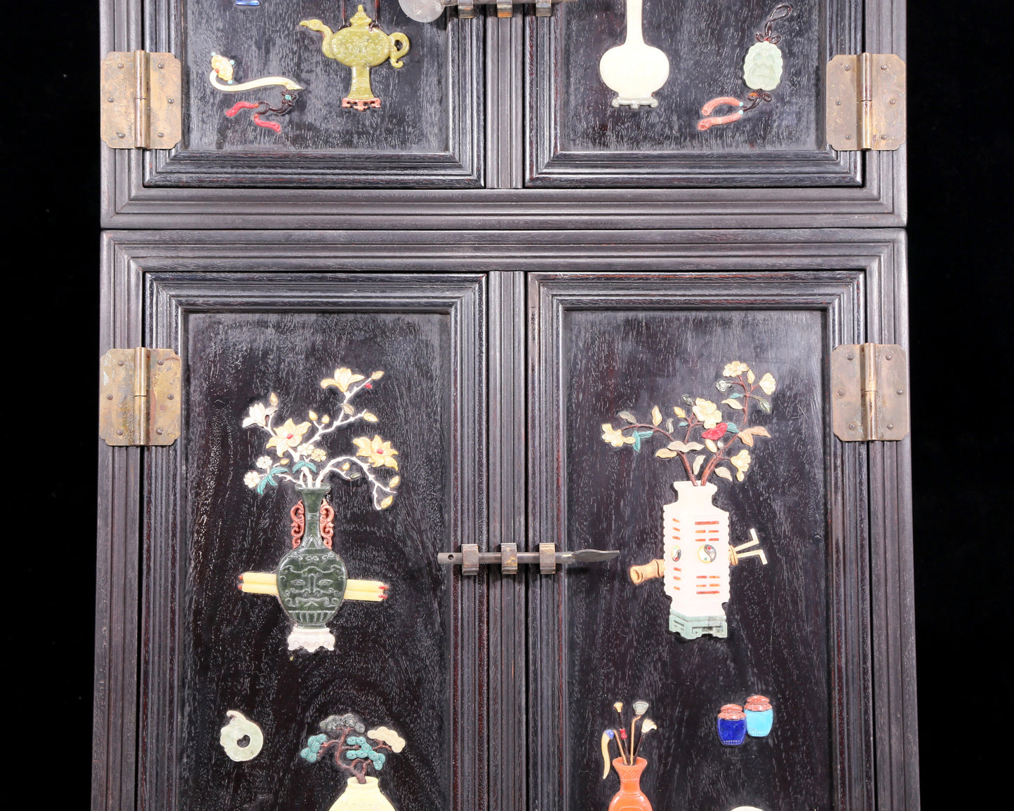 A perfect pair of zitanwood inlaid gem treasure map cabinets