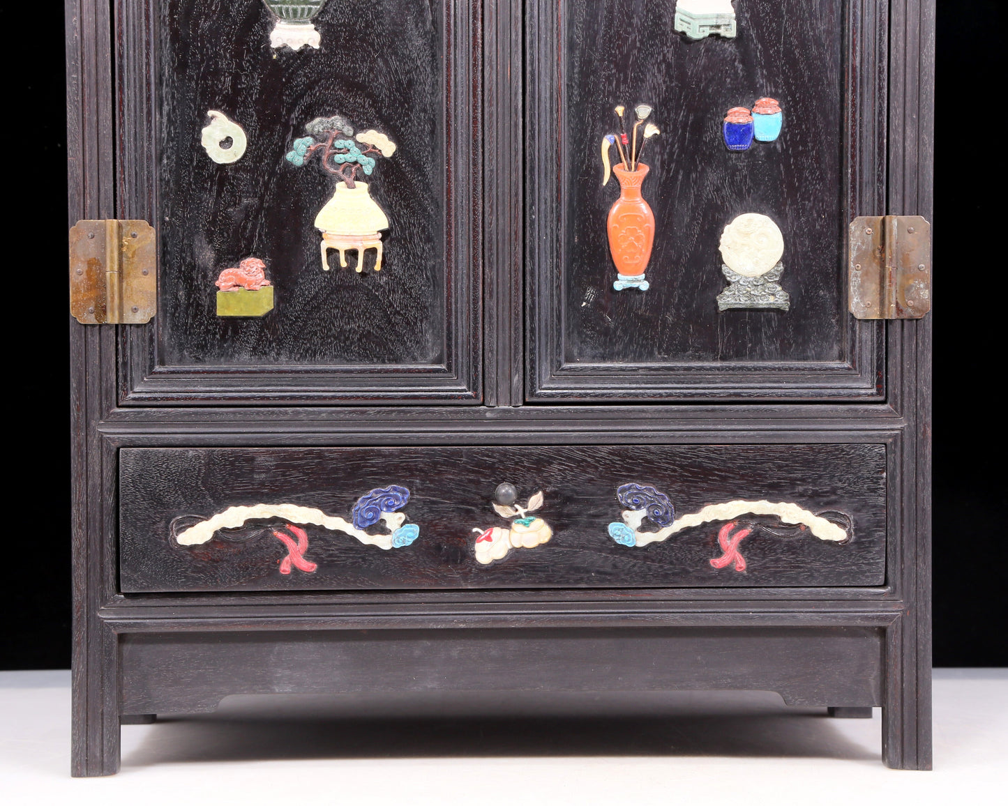 A perfect pair of zitanwood inlaid gem treasure map cabinets