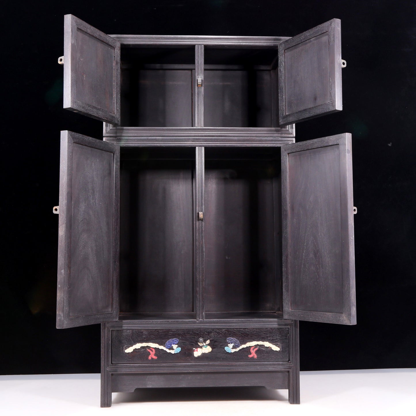 A perfect pair of zitanwood inlaid gem treasure map cabinets