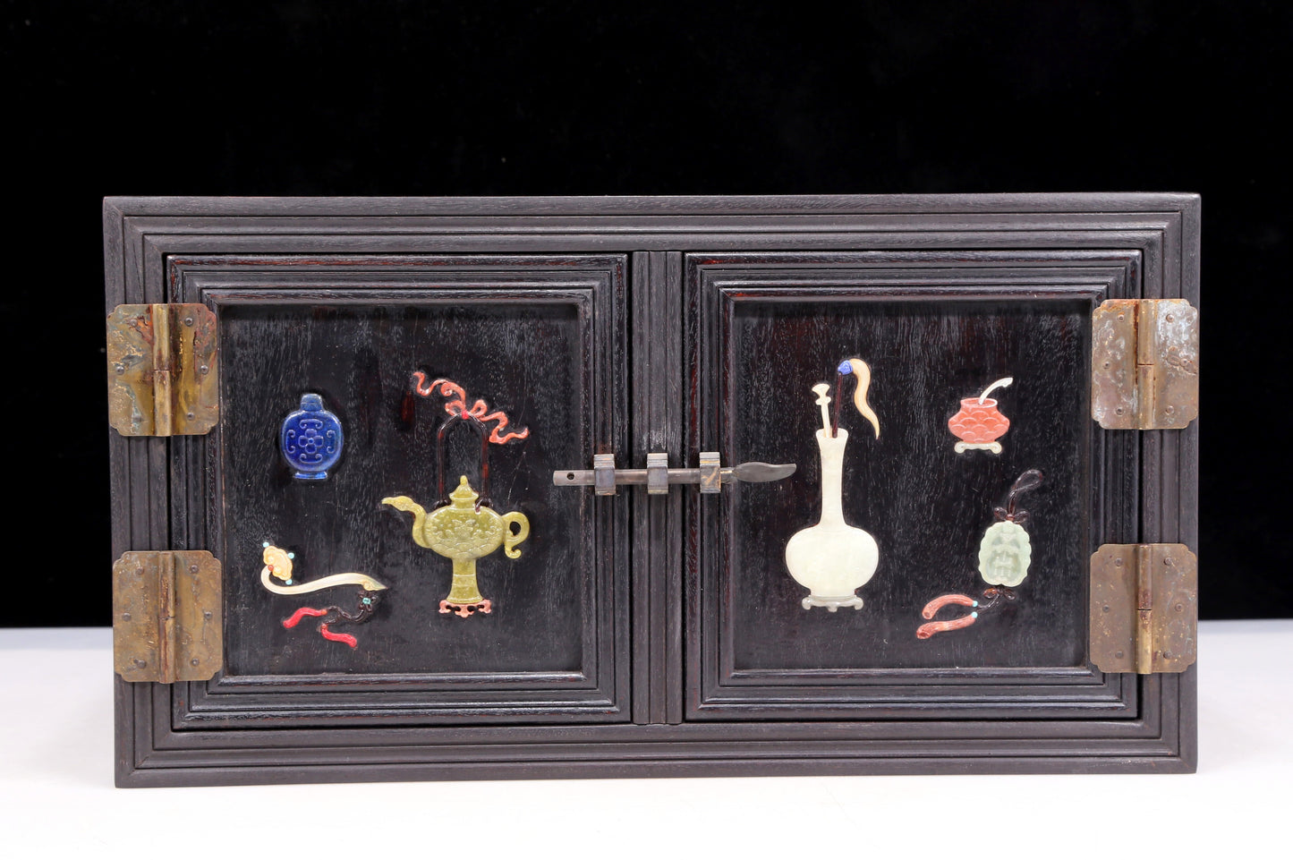 A perfect pair of zitanwood inlaid gem treasure map cabinets