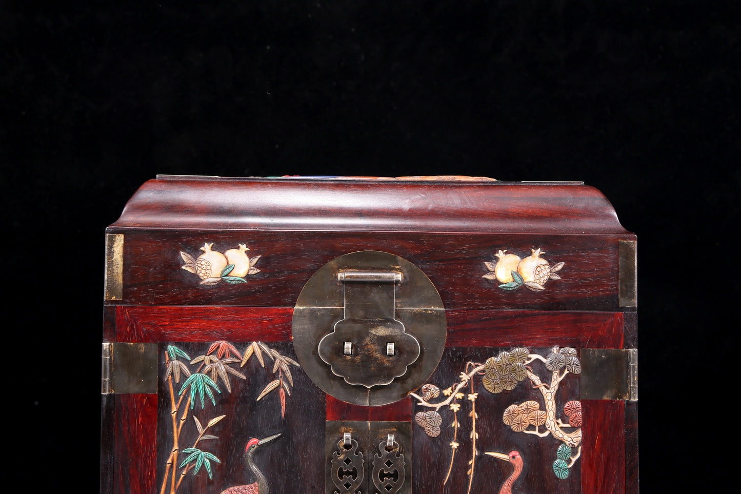 A perfect pair of huanghuali wood cabinets with inlaid gems and flower and bird patterns