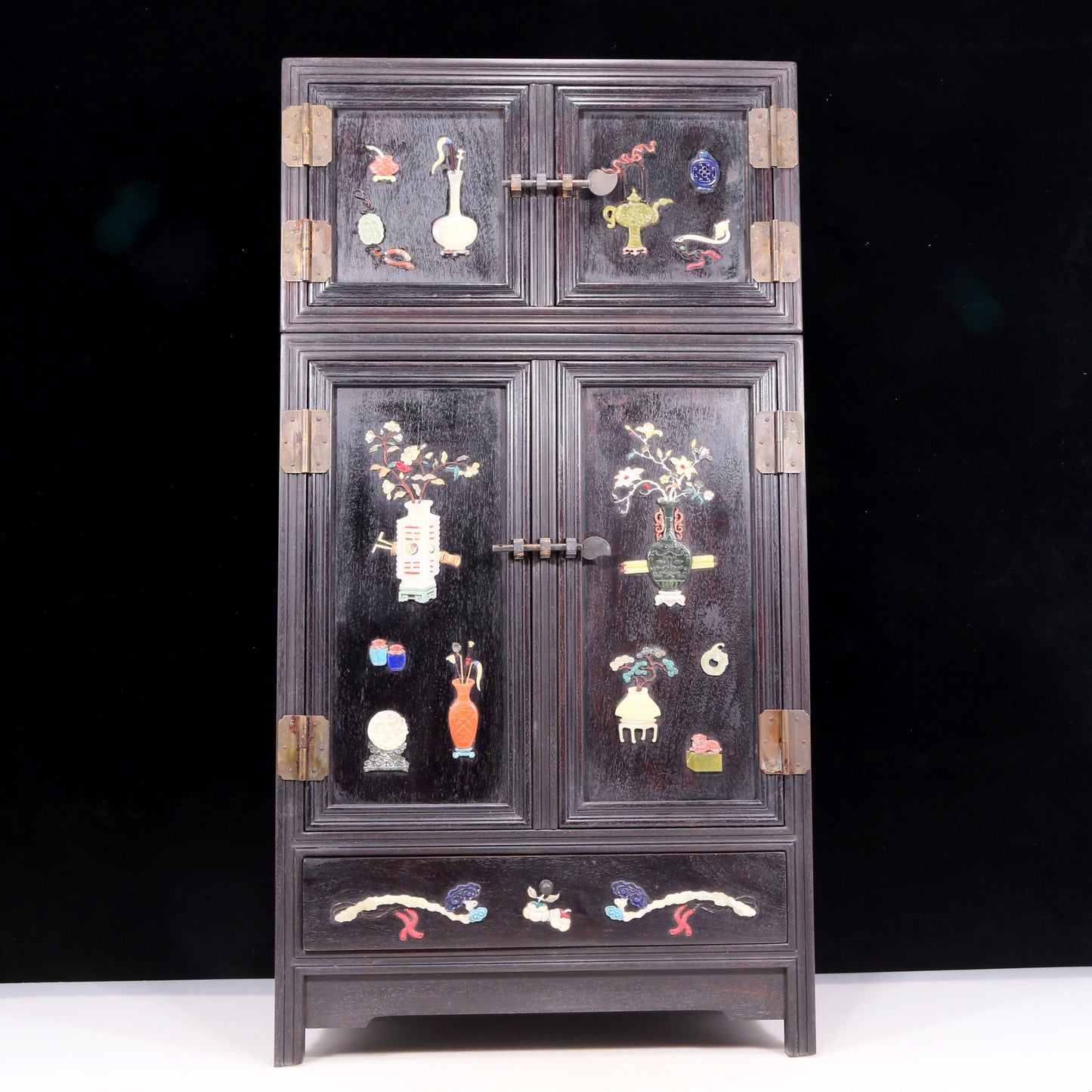 A perfect pair of zitanwood inlaid gem treasure map cabinets