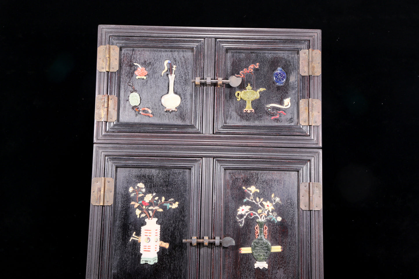 A perfect pair of zitanwood inlaid gem treasure map cabinets