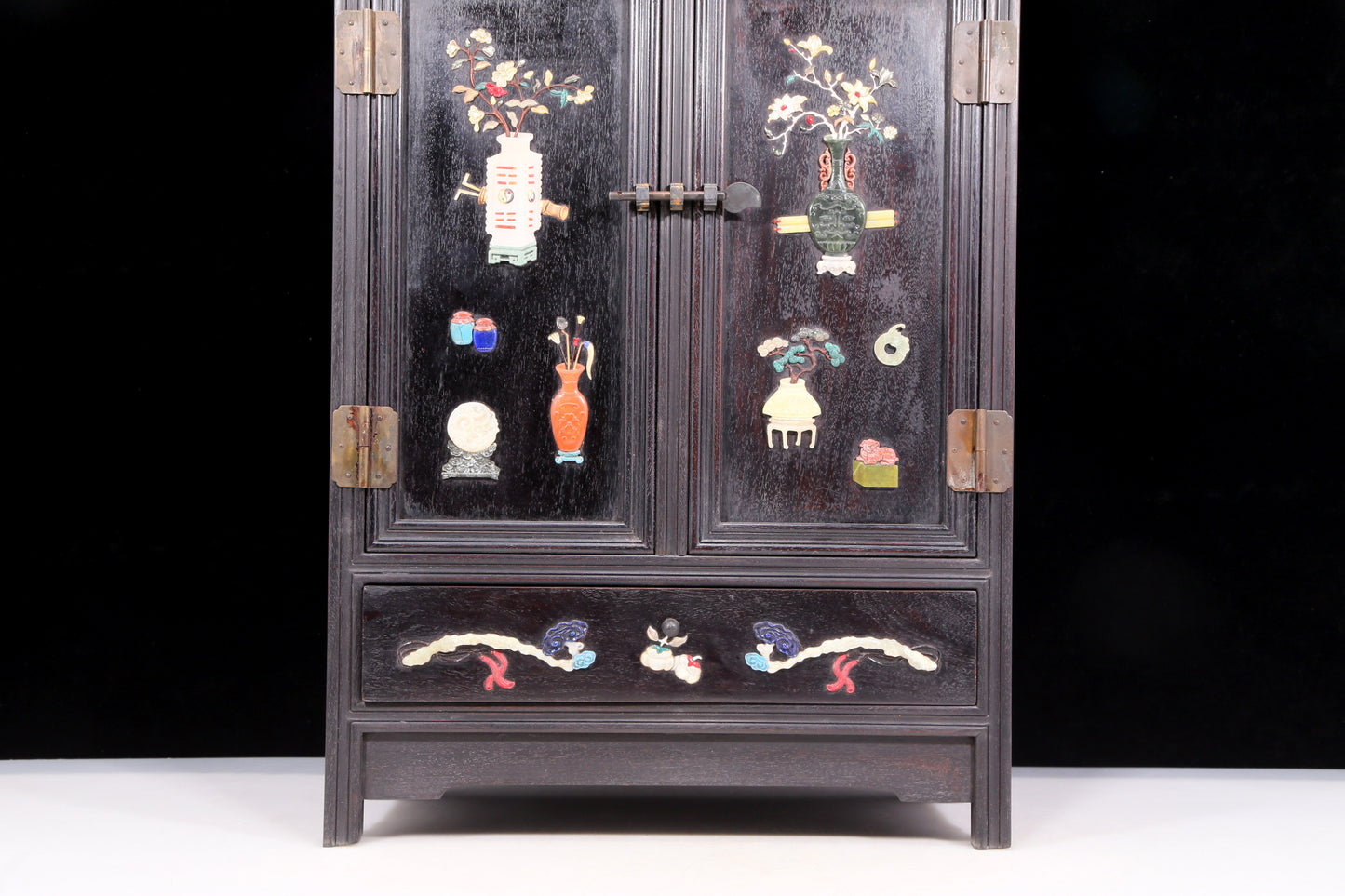 A perfect pair of zitanwood inlaid gem treasure map cabinets