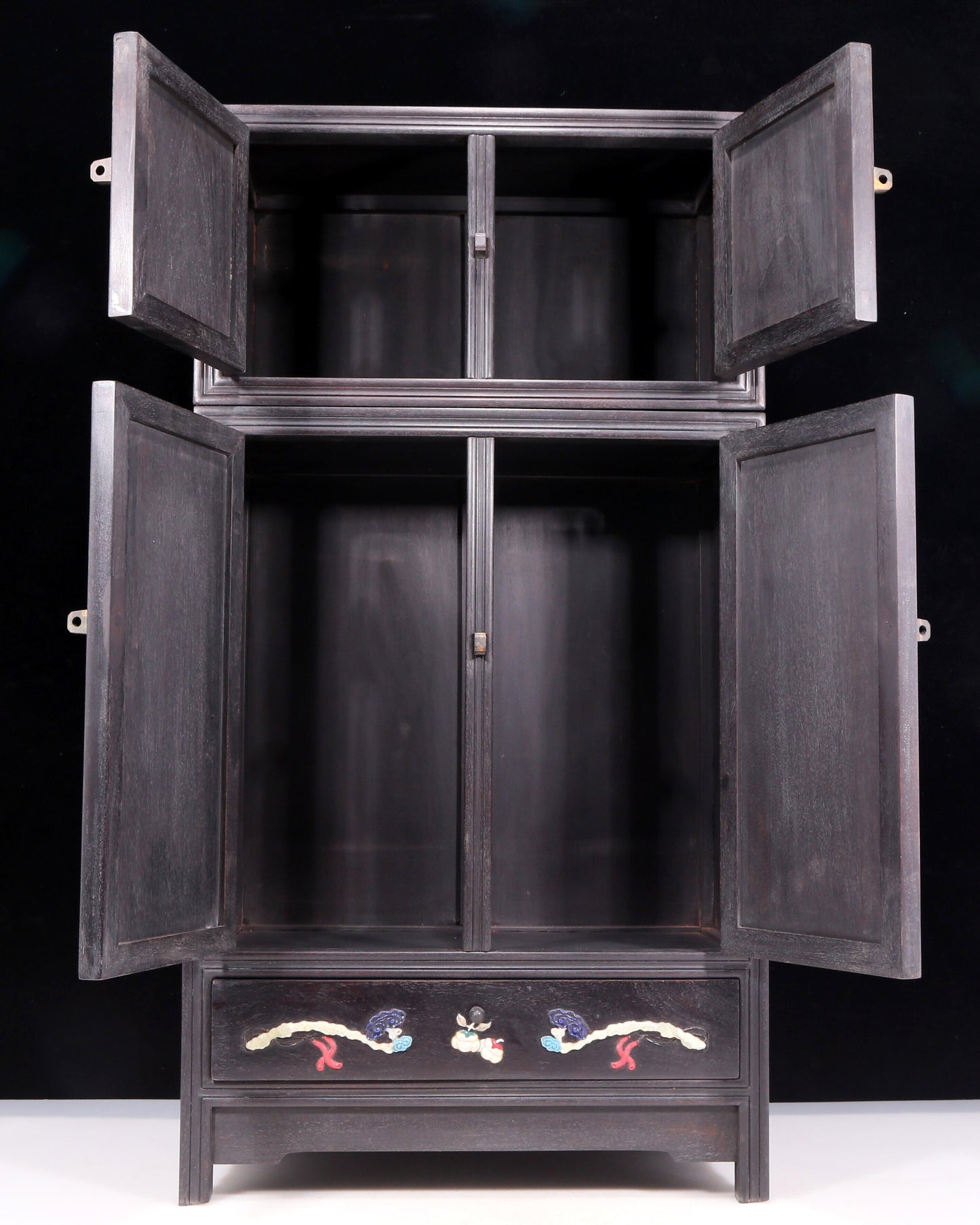 A perfect pair of zitanwood inlaid gem treasure map cabinets