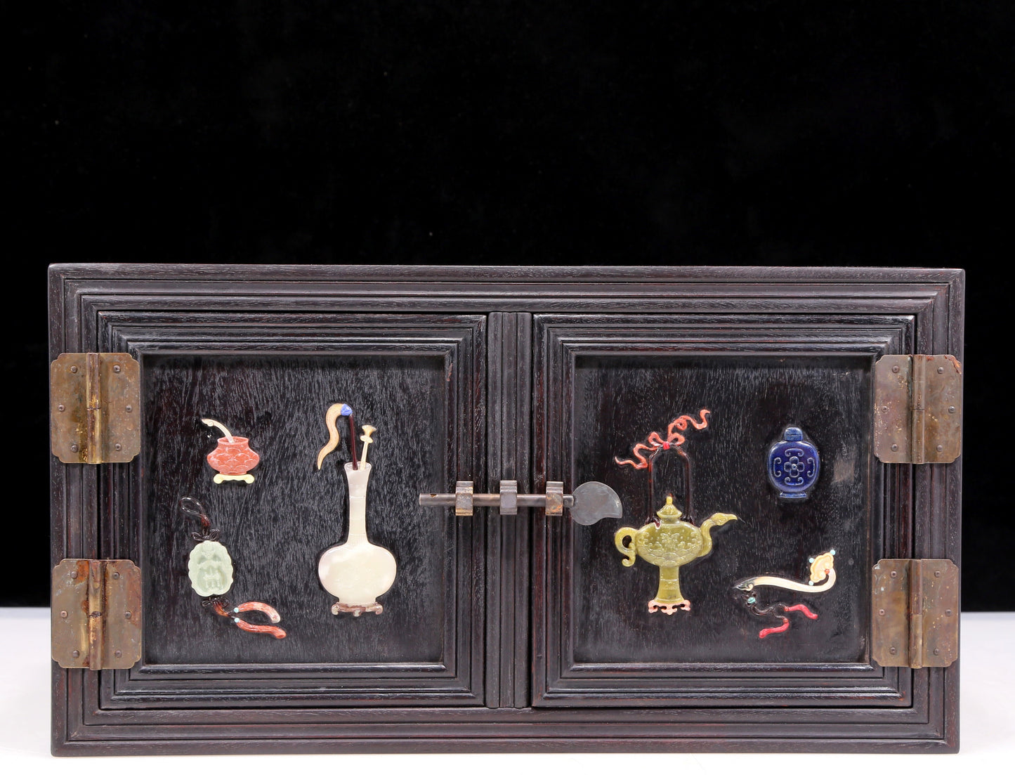 A perfect pair of zitanwood inlaid gem treasure map cabinets