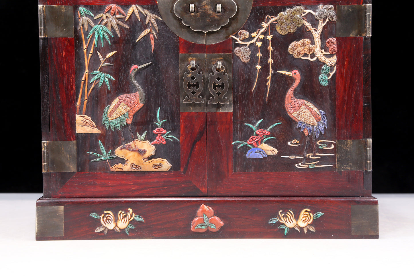 A perfect pair of huanghuali wood cabinets with inlaid gems and flower and bird patterns