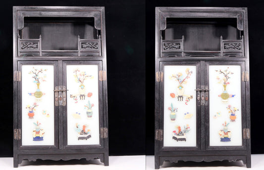 A perfect pair of zitanwood inlaid gem treasure map cabinets