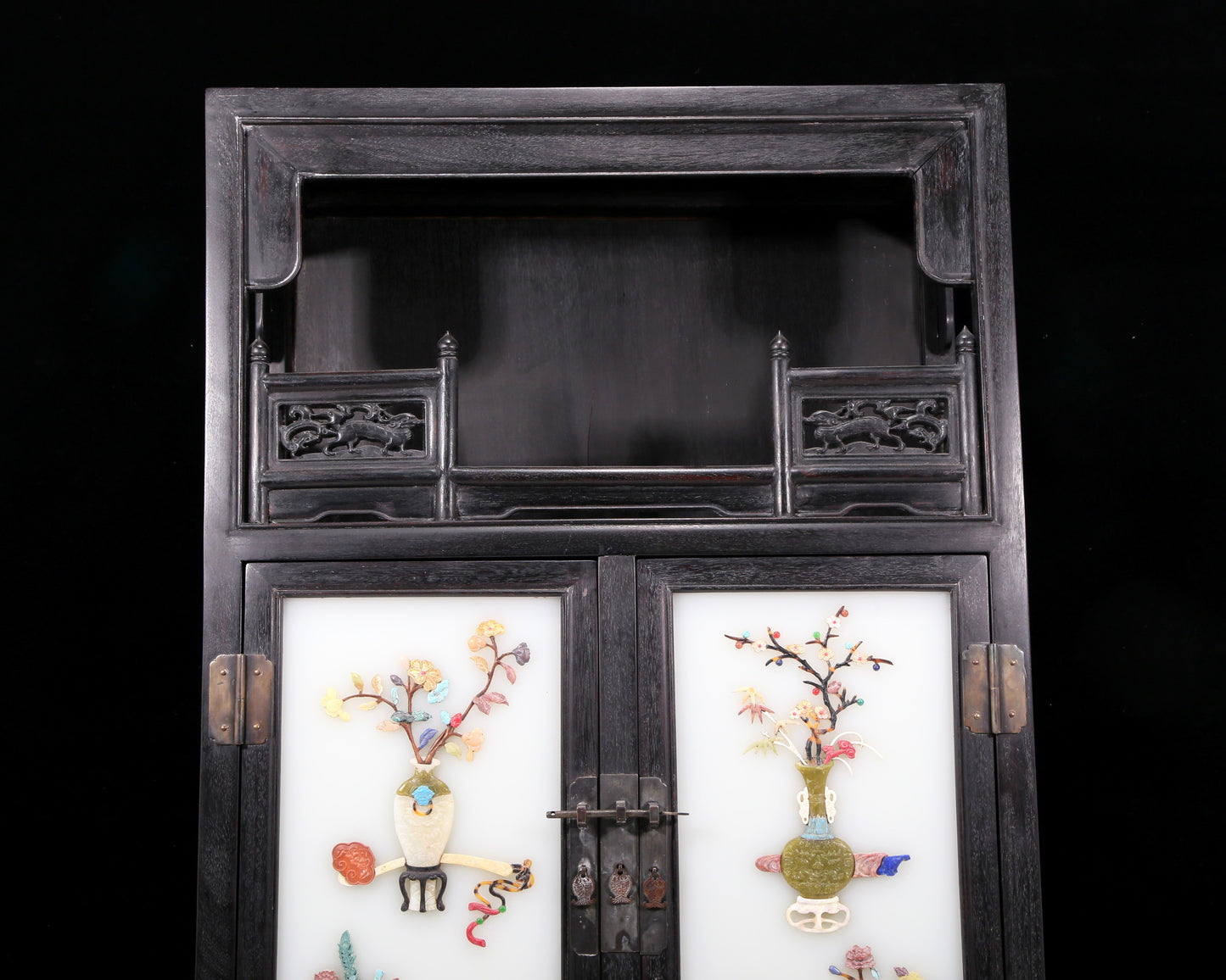 A perfect pair of zitanwood inlaid gem treasure map cabinets