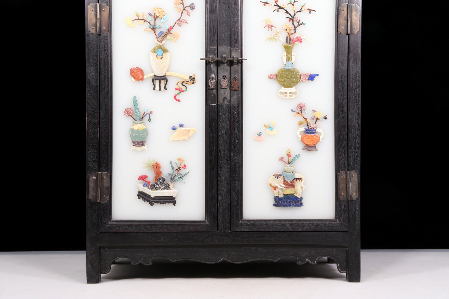 A perfect pair of zitanwood inlaid gem treasure map cabinets