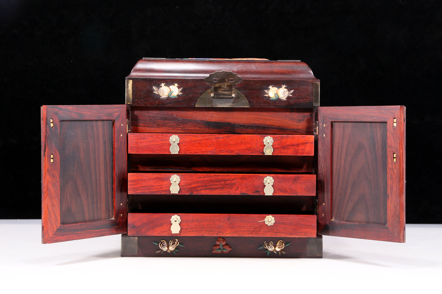 A perfect pair of huanghuali wood cabinets with inlaid gems and flower and bird patterns