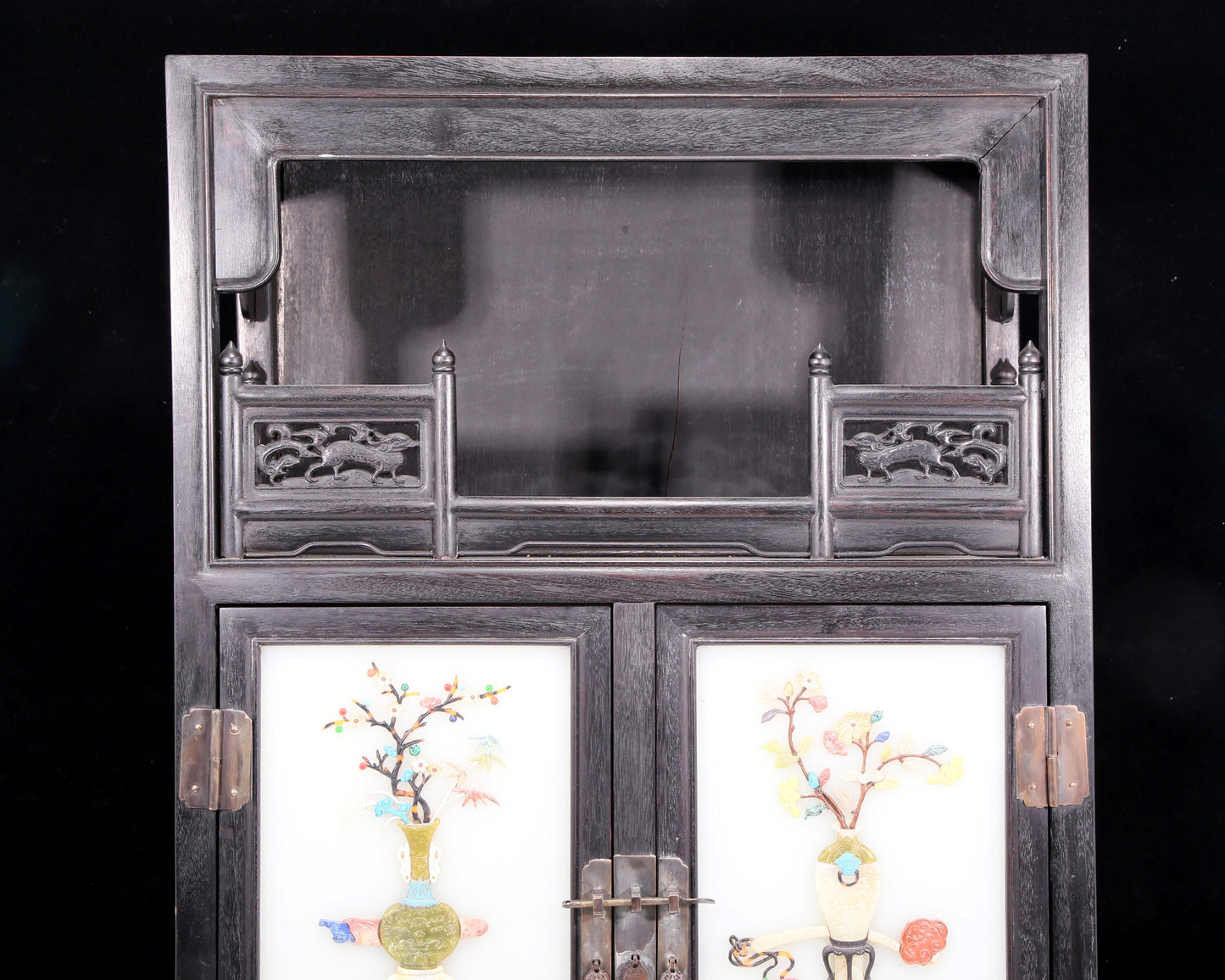 A perfect pair of zitanwood inlaid gem treasure map cabinets