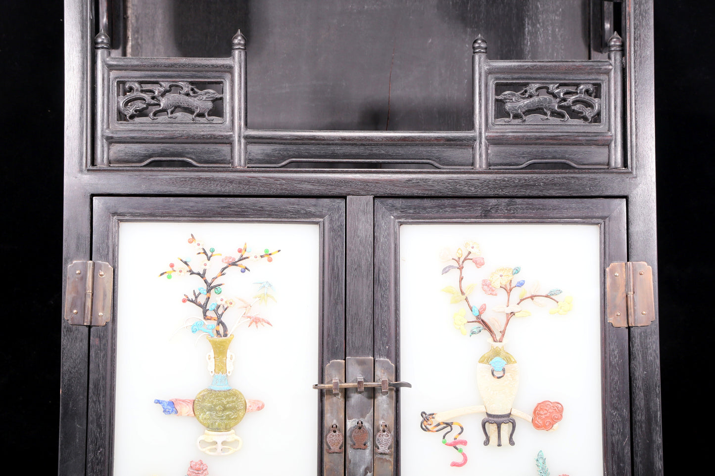 A perfect pair of zitanwood inlaid gem treasure map cabinets