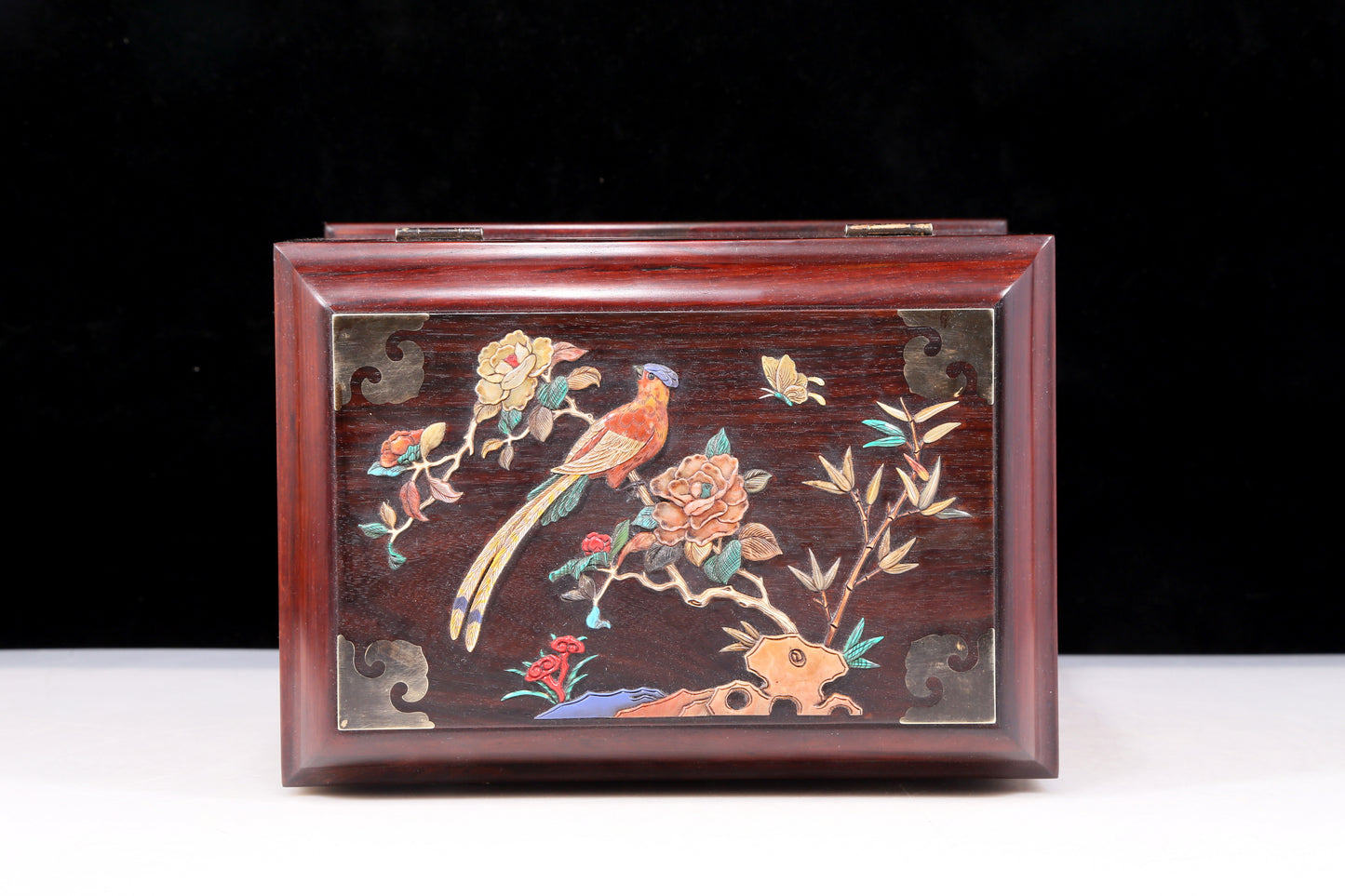 A perfect pair of huanghuali wood cabinets with inlaid gems and flower and bird patterns