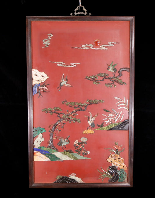 An exquisite zitanwood wood lacquer-embedded hanging screen with landscape, flower and bird patterns