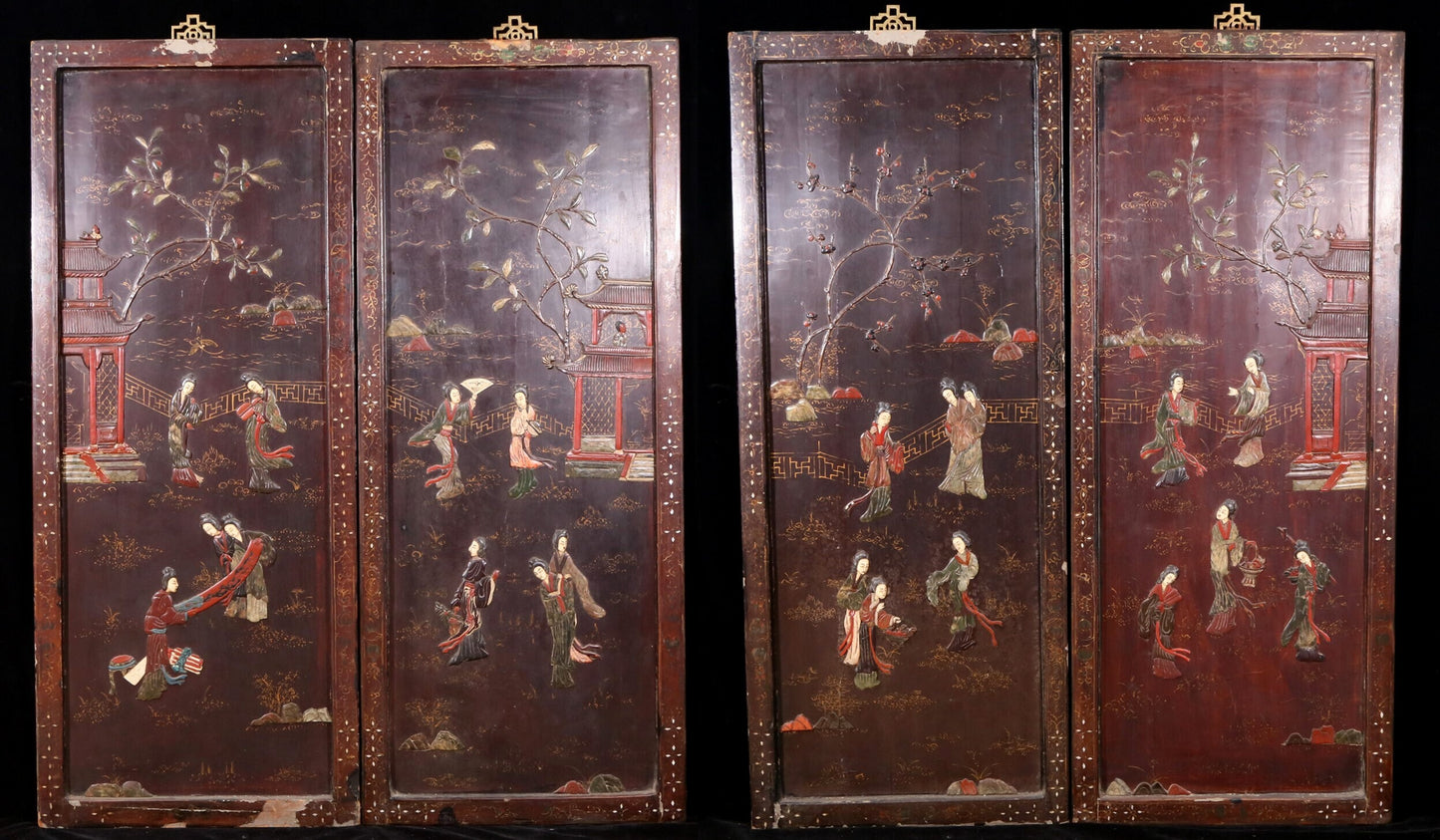 A set of four hanging screens filled with lacquer and painted landscapes and figures inlaid with gemstones