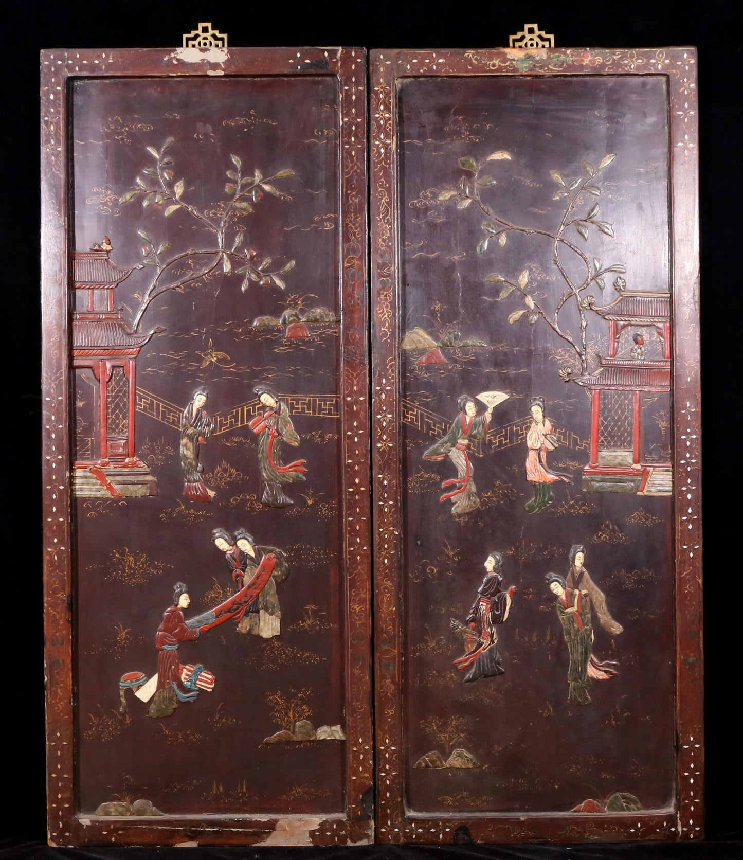 A set of four hanging screens filled with lacquer and painted landscapes and figures inlaid with gemstones