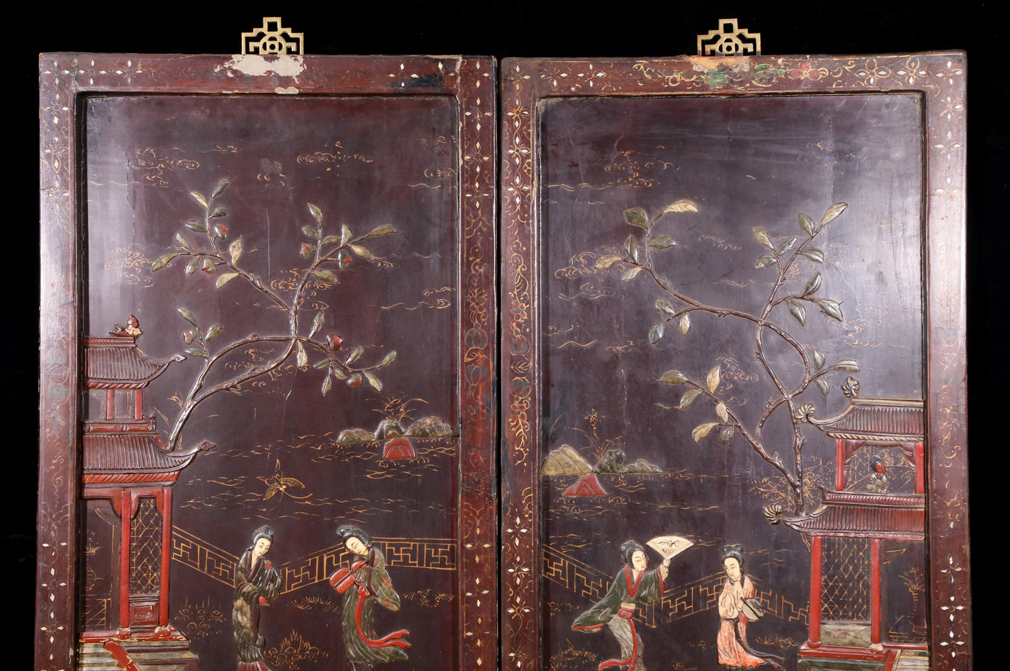 A set of four hanging screens filled with lacquer and painted landscapes and figures inlaid with gemstones