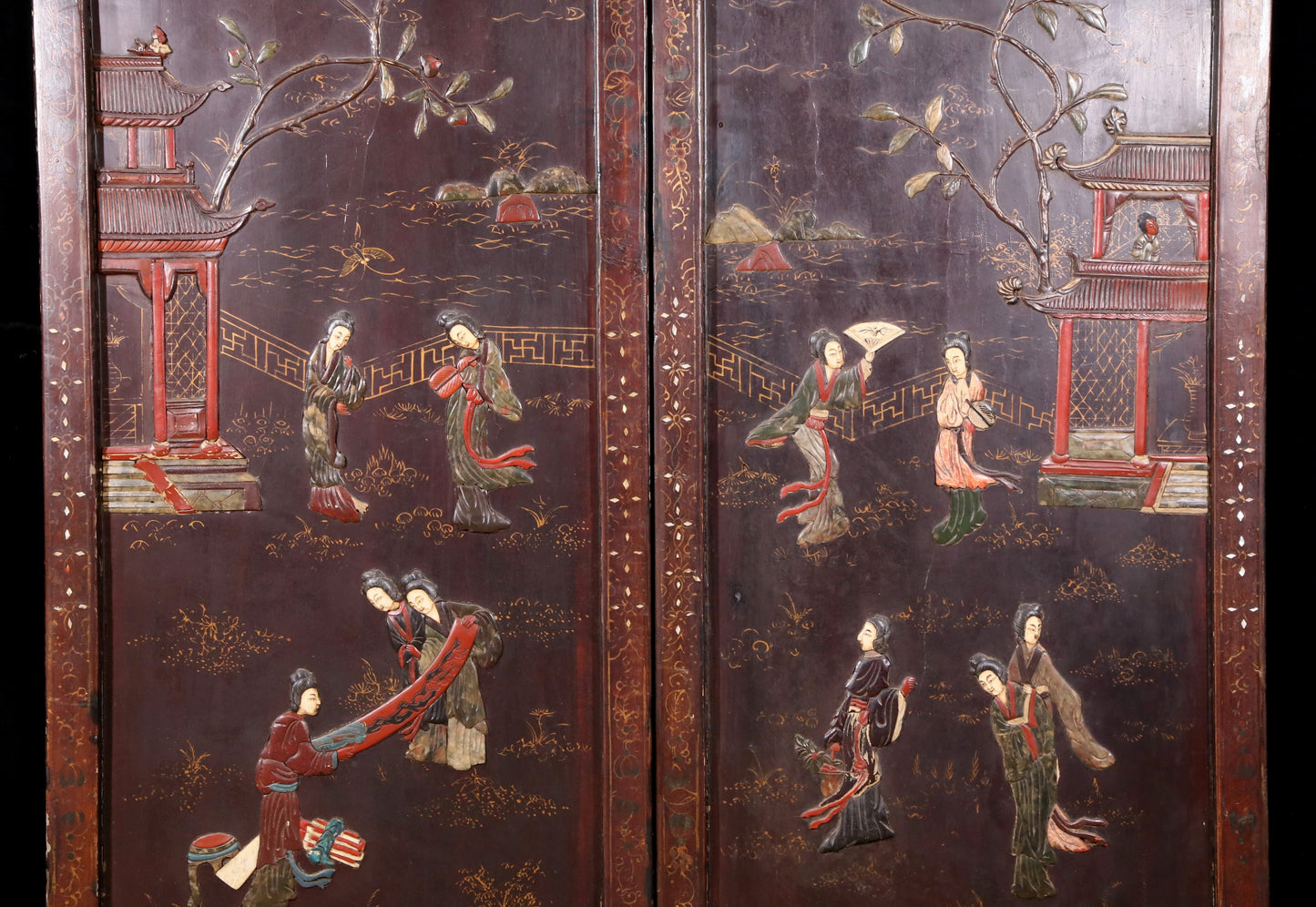 A set of four hanging screens filled with lacquer and painted landscapes and figures inlaid with gemstones