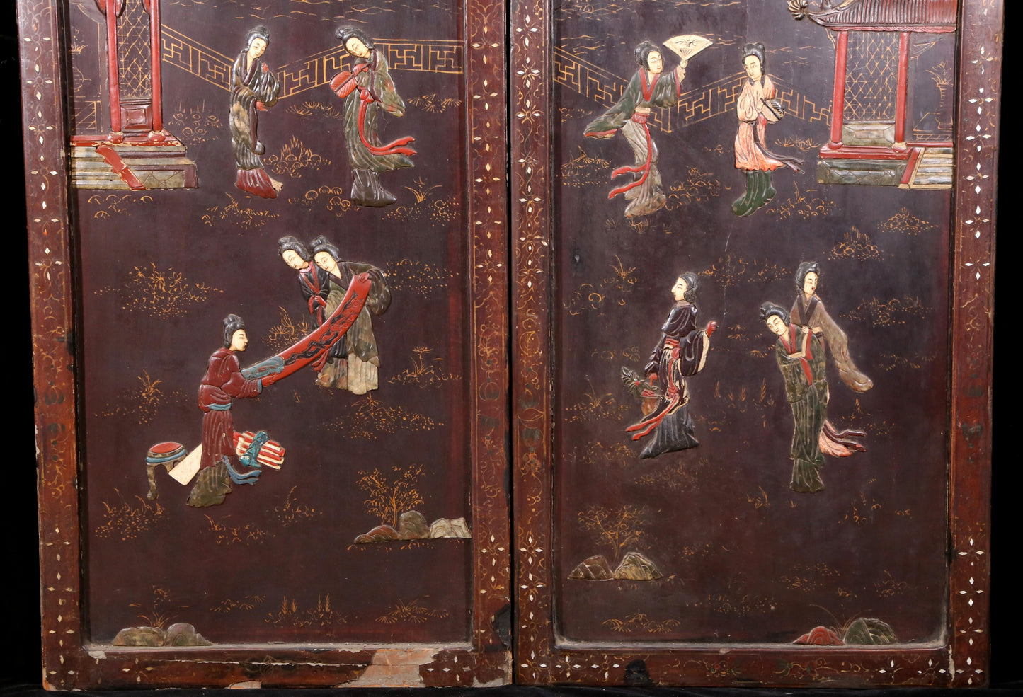 A set of four hanging screens filled with lacquer and painted landscapes and figures inlaid with gemstones