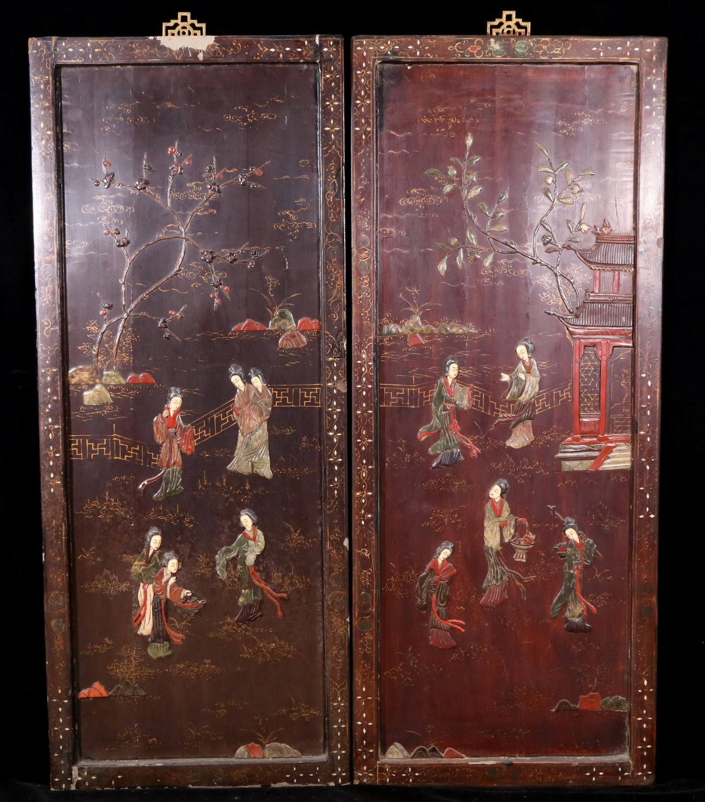 A set of four hanging screens filled with lacquer and painted landscapes and figures inlaid with gemstones