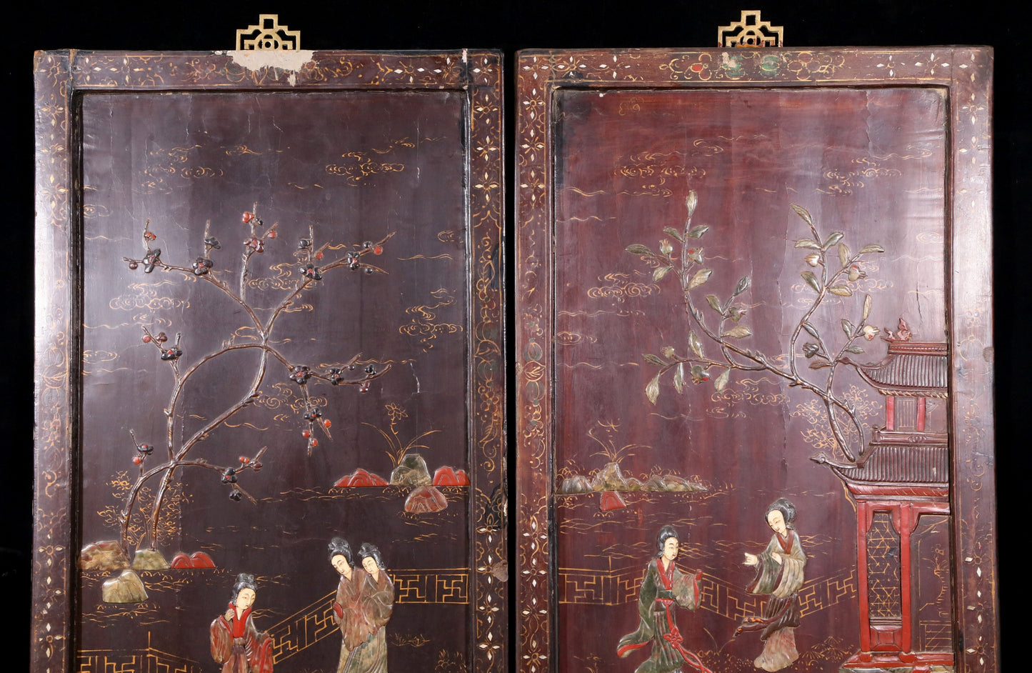 A set of four hanging screens filled with lacquer and painted landscapes and figures inlaid with gemstones