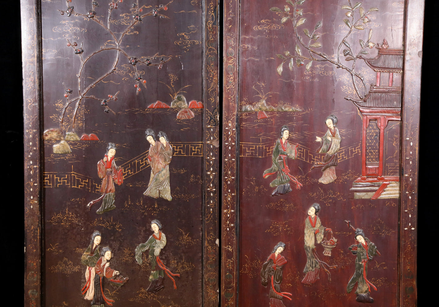 A set of four hanging screens filled with lacquer and painted landscapes and figures inlaid with gemstones