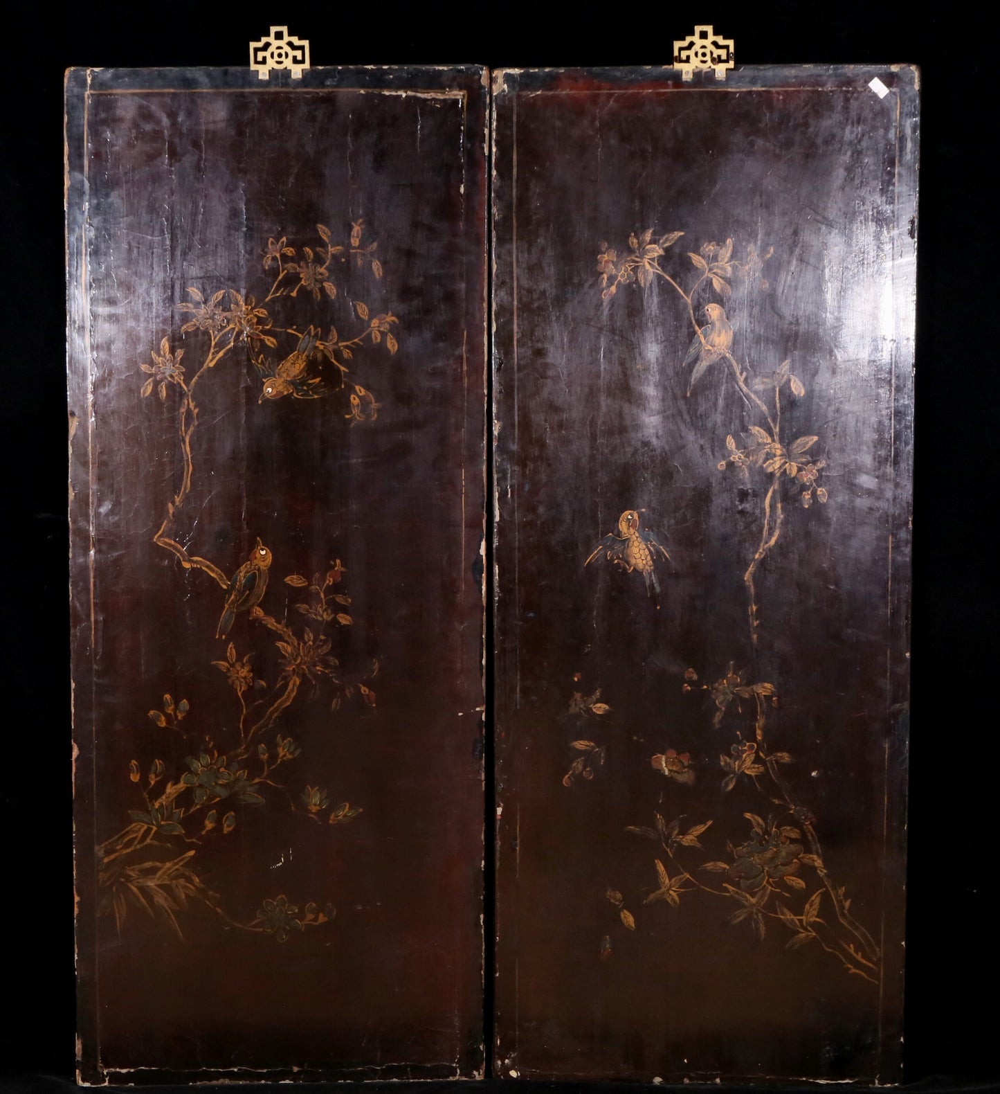 A set of four hanging screens filled with lacquer and painted landscapes and figures inlaid with gemstones