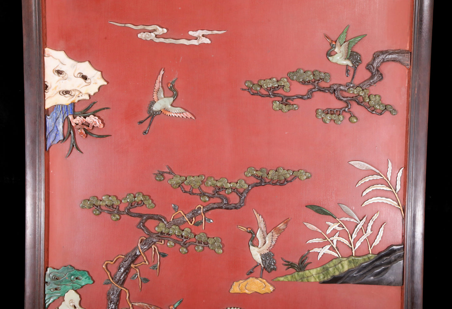 An exquisite zitanwood wood lacquer-embedded hanging screen with landscape, flower and bird patterns