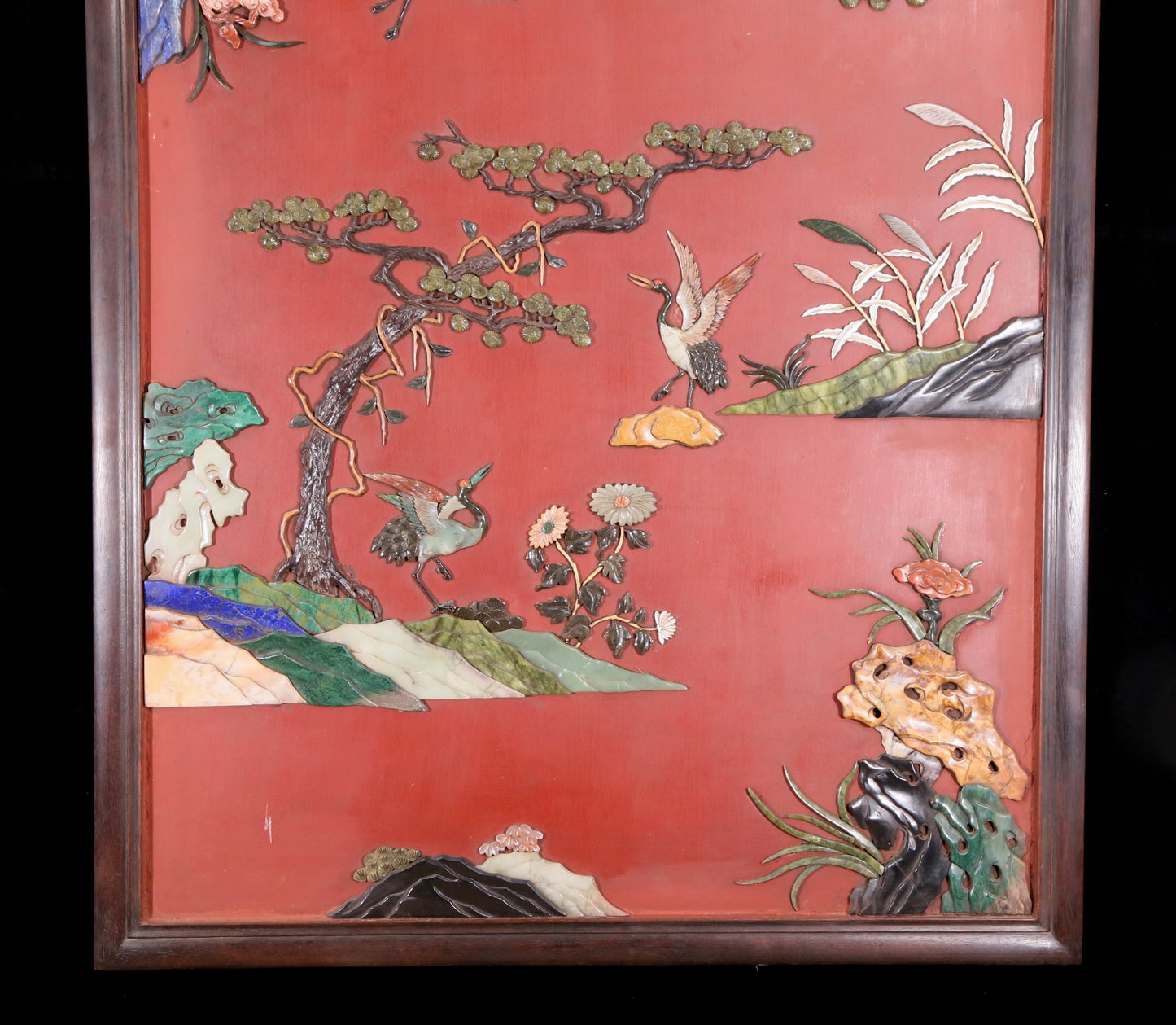 An exquisite zitanwood wood lacquer-embedded hanging screen with landscape, flower and bird patterns