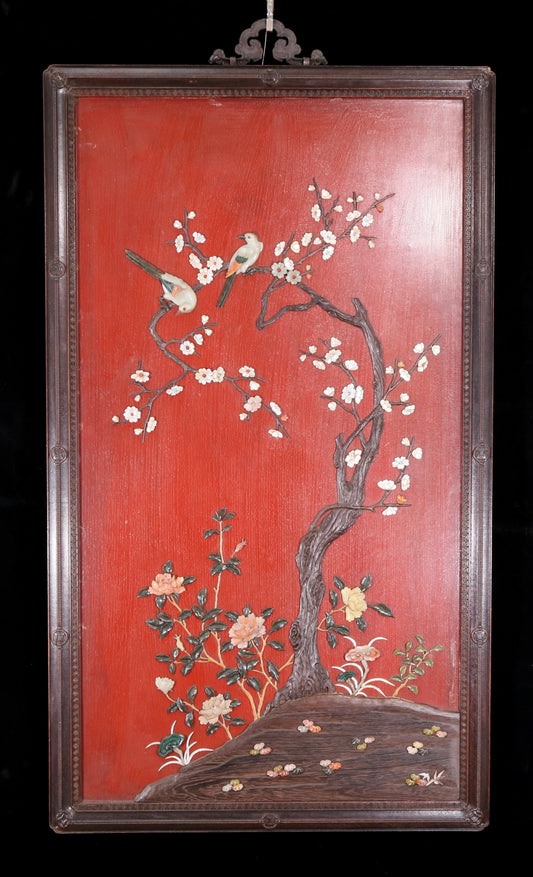 An exquisite zitanwood wood lacquer-embedded hanging screen with landscape, flower and bird patterns