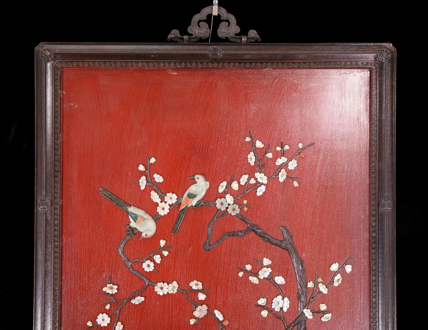 An exquisite zitanwood wood lacquer-embedded hanging screen with landscape, flower and bird patterns